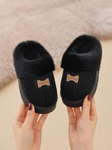 儿童拖鞋 新款秋冬简约设计 男童室内家居保暖毛绒拖鞋 时尚女童加厚蓬松拖鞋 - 黑色 - 查看 9