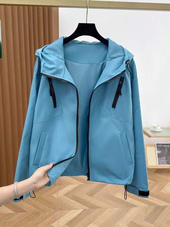Women's Winter Jacket, Fashionable Solid Color Casual Loose Zip-Up Hooded, Suitable For Hiking, Mountaineering, Outdoor, Daily Wear, Windproof Softshell Jacket