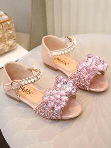 一双儿童凉鞋，饰有水钻、珍珠和蝴蝶结，采用Gilly PU拼接圆头设计，平底，适合日常穿着、舞蹈、户外活动、节日庆典和派对，闪亮公主风凉鞋，适合春、夏、秋季穿着。 - 粉色 - 查看 4
