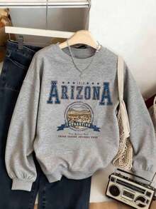 Plus Size Women's Street Fashion, Arizona Themed Graphic Print, Loose Long Sleeve Crew Neck Sweatshirt, Fun Style, Solid Color Crew Neck Sweatshirt For Girls, Suitable For Daily Wear, Outings, Parties, School, Music Festivals, Vacations, Commuting. Can Be Given As A Gift To Family, Boyfriend, Girlfriend, Friends, Sweatshirt, Winter Wear, Women's Pullover, Girls' Pullover - Grey - View 3