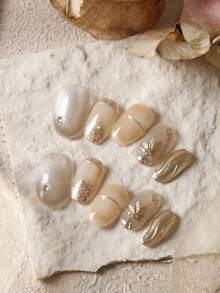 10pcs Acrylic Press On Nails Golden Cat's Eye Flower Short Nail Fake Nails Artificial Nails Kit Includes 1sheet Adhesive Tabs &1 Pc Mini File