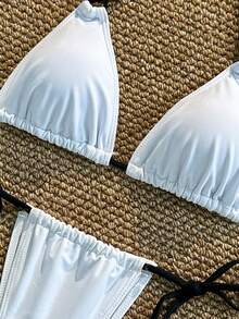 优雅女士白色挂脖比基尼套装，露背系带泳装，适合休闲海滩或泳池日穿着 - 白色 - 查看 6