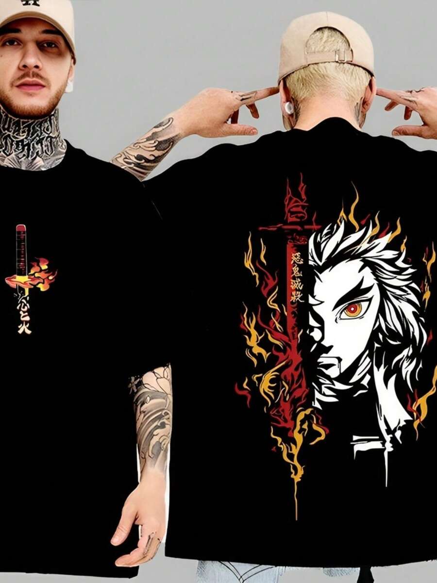 Kyojuro Rengoku Shirt,  Character T-Shirt, Anime Colorful T-Shirt, Men's Cotton Breathable Top. - 黑色 - 查看 1