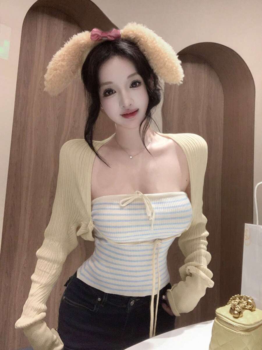2pcs/Set Sexy Striped Cropped Camisole & Long Sleeve Knit Cardigan Set, Stylish Design For Spring/Summer Fall - Apricot - View 1
