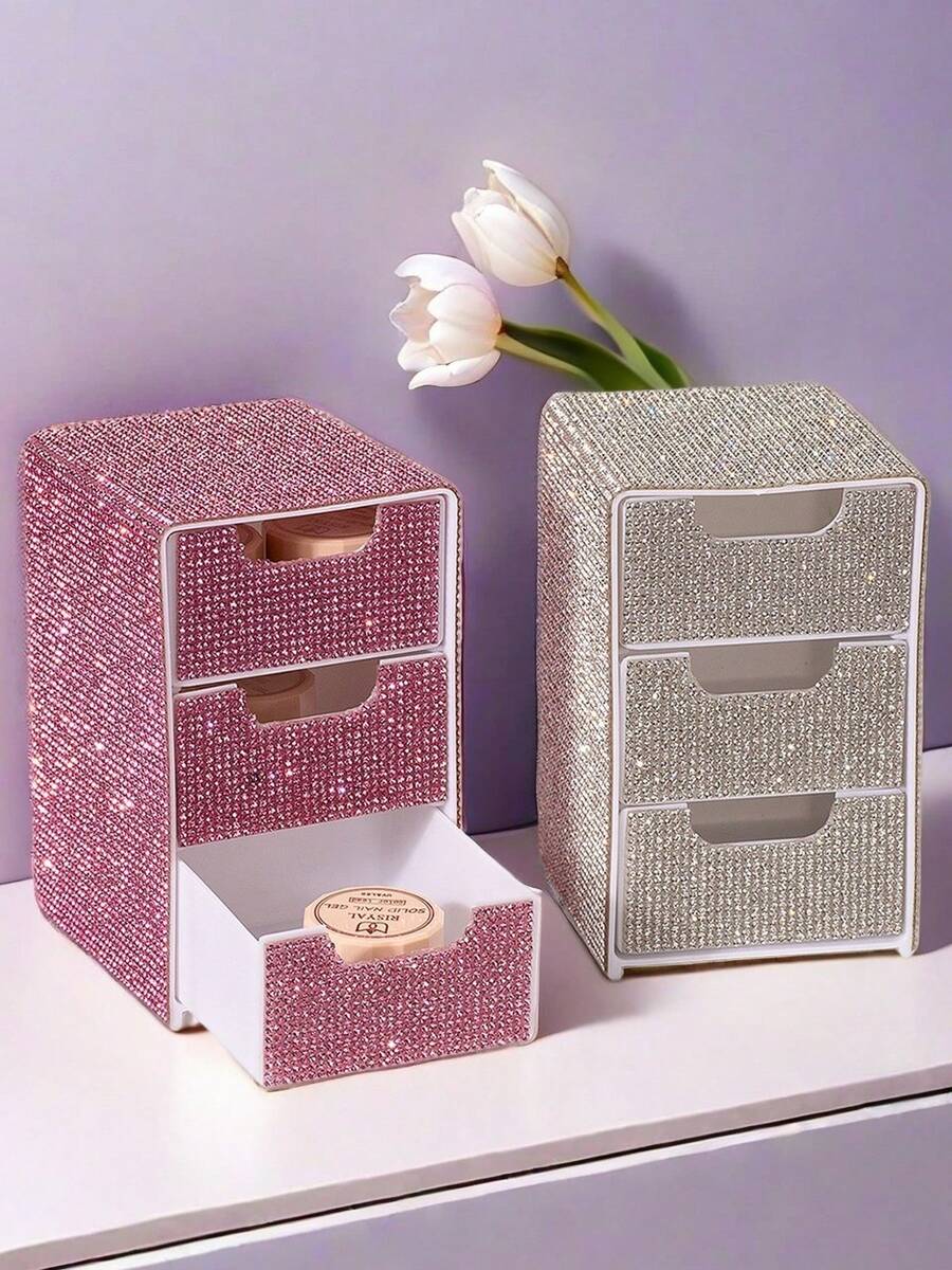 Boîte de rangement de bureau pour bijoux et cosmétiques avec 3 tiroirs ornés de strass, décoration de chambre