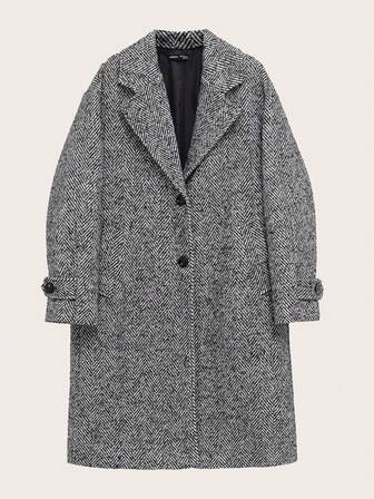 Women's Herringbone Pattern Notched Collar Single-Breasted Fashionable Versatile Coat Jacket, Autumn/Winter