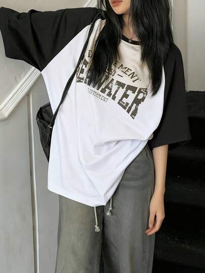 女士圆领短袖T恤，夏季新款撞色拼接字母印花，时尚休闲百搭宽松上衣