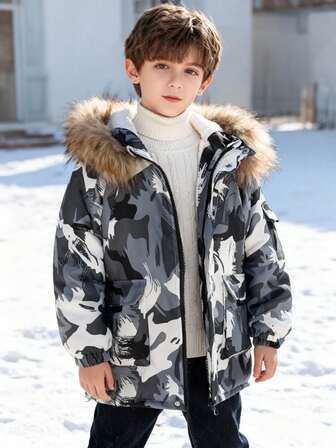 Tween Boy Casual Fashionable Autumn/Winter Thermal-Lined Dark Grey Camouflage Cargo Pocket Padded Coat