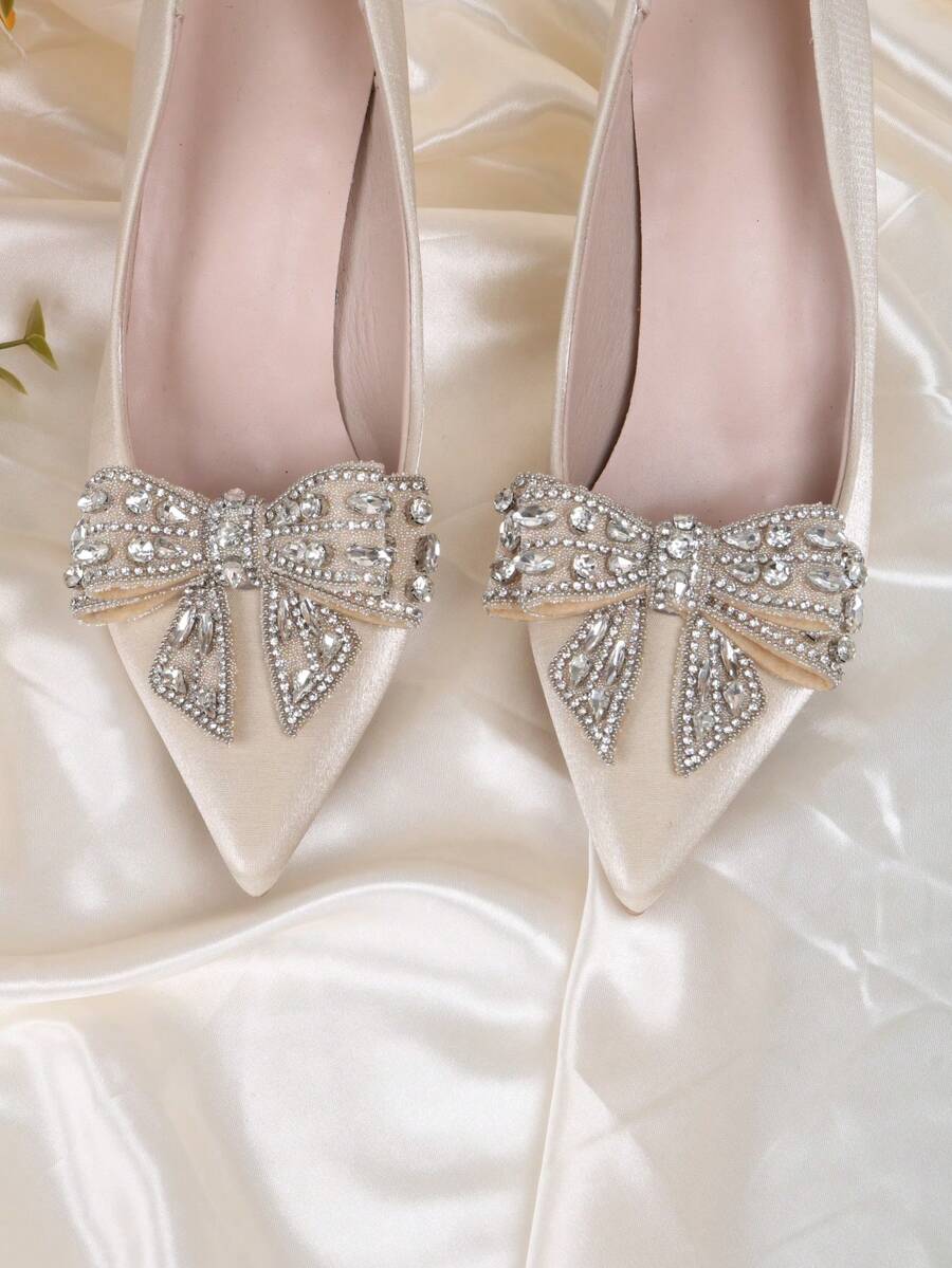 2 件装可拆卸鞋饰，银色和杏色蝴蝶结水钻鞋夹，时尚优雅的奢华鞋履配饰，适用于高跟鞋、平底鞋、运动鞋、休闲鞋，适合派对、婚礼等场合。 - 杏色 - 查看 1