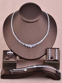 CORUIXI Bộ trang sức Zirconia 4 món dành cho nữ, bao gồm dây chuyền, bông tai, vòng tay, nhẫn, quà tặng cho cô dâu, đám cưới, tiệc tùng, phụ kiện pha lê vàng. - Vàng - Xem 11