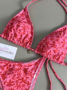 Bộ bikini 2 mảnh dễ thương, gợi cảm dành cho nữ mùa hè 2026, thiết kế hở lưng, buộc dây bên hông, thích hợp cho tiệc bể bơi, kỳ nghỉ biển và tắm nắng. - Hoa Nền Đỏ - Xem 5