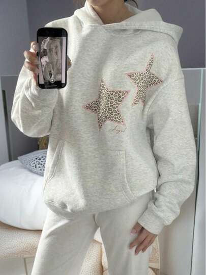 Slogan Star Leopard Print, damska bluza oversize z kieszeniami i długim rękawem/bluza z kapturem na jesień/zimę/koniec z długim rękawem i luźnymi, opadającymi ramionami i swetrami, wieczorne wyjście/codziennie/do biura/domu/na ulicę/podróży/na lotnisko/brunch, jesień dla kobiet, jesień, jesień, zima dla kobiet, zima, powrót do domu, urocze, urocze bluzki damskie, kawaii, Y2K, odzież uliczna, dla nauczycieli dla kobiet, na lotnisko dla kobiet, na co dzień