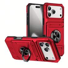 Fundas de teléfono duraderas con soporte metálico, ranura para tarjeta y compartimento oculto para tarjetas, compatibles con  17, 17 Air, 17 Pro y 17 Pro Max, 16/16 Pro/16 Plus/16 Pro Max/15/15 Pro/15 Plus/15 Pro Max/14/14 Plus/14 Pro/14 Pro Max/13/13 Pro/13 Pro Max. Cubierta dura de PU + interior de silicona suave, doble protección más resistente a caídas, con soporte giratorio de 360°, diseño aerodinámico, para entusiastas de la tecnología. - Rojo - Ver 3