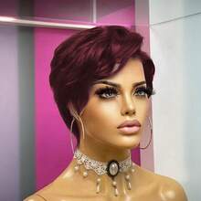 T-Part Lace Front Wig, Pixie Short Hair, Human Hair Wig, Size: 13x4x1 Inches T-Part Lace Front Wig, Wine Red Color, Glueless Wig, Suitable For Daily Wear, Gift, Plug And Play Short Human Hair Wig, 99J Color Side Bangs Short Wig - Burgundy - View 7