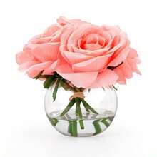 7 PCS Pink Rose Artificial Flowers With Vase Silk Fake Flowers Arrangements In Glass Vase With Faux Water For Home... - B0DWMLTMT6 - View 1