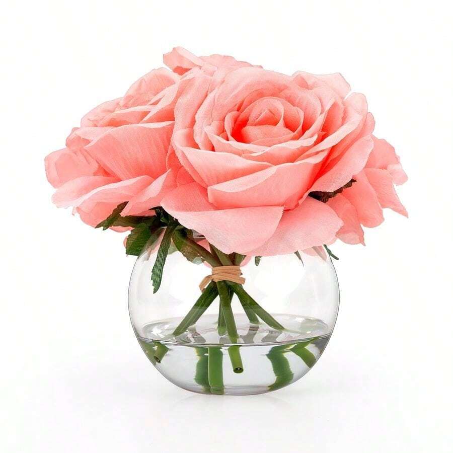 7 PCS Pink Rose Artificial Flowers With Vase Silk Fake Flowers Arrangements In Glass Vase With Faux Water For Home... - B0DWMLTMT6 - View 1