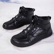 1双男士纯色休闲运动超细纤维皮革纽扣防水防滑雪地靴，保暖适合户外冬季穿着 - 黑色 - 查看 4