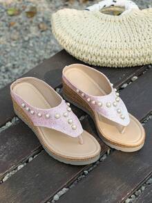 2026 New Women's Rivet Decor Sandals, Bohemian Style Fashion Wedge Heels, Summer Open Toe Slip-On High Heel Shoes, Suitable For Party, Date, Wedding And Many Occasions, Design - Baby Pink - View 6