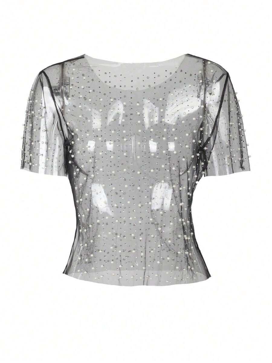 Elegant Pearl & Rhinestone Beaded Sheer Short Sleeve Cropped See ...