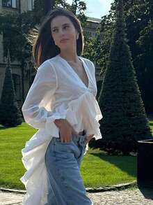 Women's Solid Color Pleated Ruffle V-Neck Asymmetric Layered Ruffle Long Sleeve Blouse White Spring - White - View 2