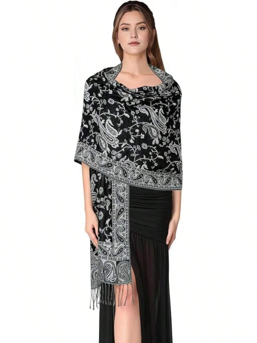 Paisley Pashmina Scarf For Women PASKMLNA - #24Negro/Whtie - View 1