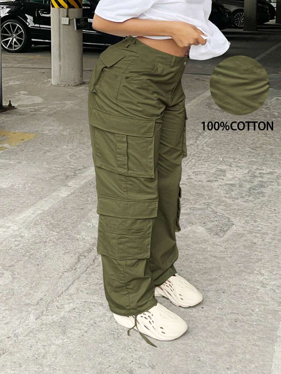 Pantalones cargo de talla grande de unicolor con botones y múltiples bolsillos, para primavera - Verde militar - Ver 1