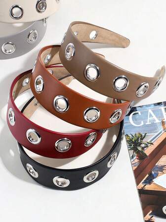 1pc Women's Fashionable Punk Style Wide Leather Headband, Hollow Out Design, Versatile Accessory