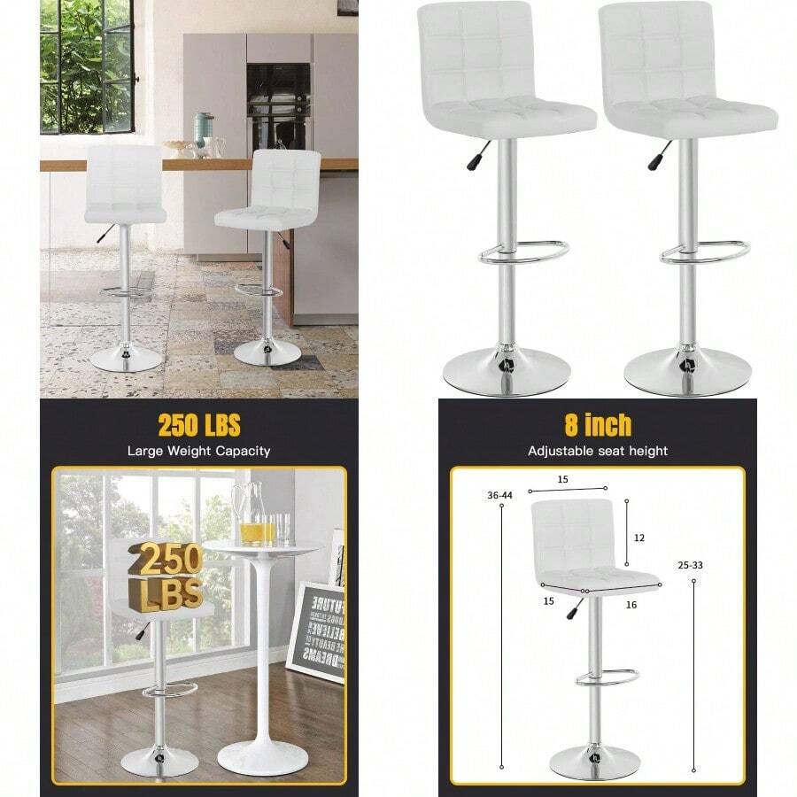 Modern Set Of 2 Barstools Adjustable Counter Height Swivel PU Leather Bar Hydraulic Dining Room Chairs Home Kitchen Stools White - 白色 - 查看 1