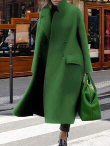 大码女式休闲羊毛混纺翻领长袖保暖通勤优雅长款外套，秋冬款 - 綠色 - 查看 2
