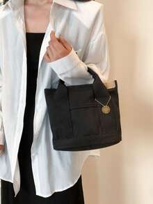 Canvas Tote Bag Large Capacity Women's Lunch Bag Multilayer Casual Handbag Fashion Small Phone Bag, Women Faux Leather Flap Crossbody Bag With Adjustable Strap, Japanese Bag - Black - View 6