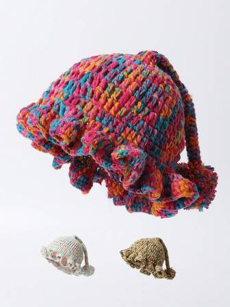 1ชิ้น หมวกบีนนี่ถักโครเชต์ทำมือระบายสีบล็อคโดพามีนของผู้หญิง, หมวกอบอุ่นป้องกันหูฤดูใบไม้ร่วง/ฤดูหนาว, หมวกบักเก็ตอเนกประสงค์แฟชั่น