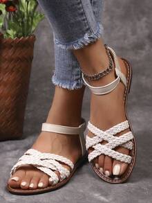 2025 Summer New Coffee Brown Woven Leather Lace-Up Flat Sandals With Buckle, Suitable For Women; Women's Ankle Strap Flat Sandals, Black Mule, Elegant Faux Suede Casual Shoes; Summer Open Toe Slides; Lace-Up Sandals; Slippers - Beige - View 4