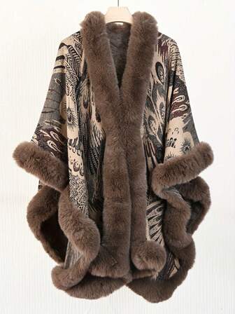 1pc Elegant Peacock Feather Design Knitted Shawl Poncho, New Warm Comfortable Breathable, Vintage Thick Shawl For Autumn/Winter, Paired With Soft Faux Fur Trim