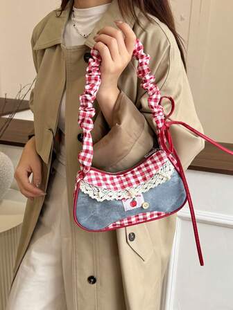 1 pieza Bolso de hombro de verano nuevo y único, de tela de nailon roja, con cremallera suave, cordón, botón decorativo, versátil y casual, adecuado para uso diario de mujeres