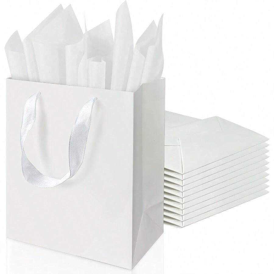 DAssorted Sizes White Gift Bags With Ribbon Handles Kraft Paper Shopping Bags With Tissue Paper For Party Busin Wedding Birthday Graduation Fathers Day White 9 Inches 9 Inches - 白色9英寸 - 查看 1
