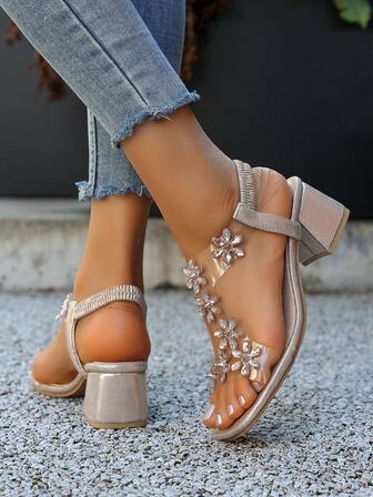 Tacones transparentes claros con tiras y flores de cristal para adolescentes, sandalias con tira de tobillo, tacón medio, con purpurina de cristal, para vestir, fiesta de boda, club, casual, verano