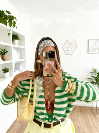 Women's Striped Knit Cardigan, Long Sleeve, Regular Length Sweater, Suitable For Casual & Fashionable Outfits