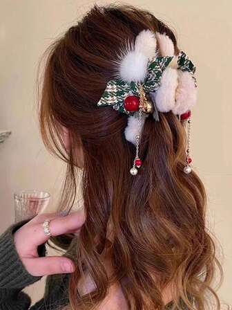 2pcs Autumn/Winter Elegant Bow Tassel Pearl Plush Hair Clips, Large Capacity Hair Claw For Ponytail, Suitable For Outings, Parties, Weddings, Afternoon Tea, Romantic, Thanksgiving, Christmas, New Year, Birthday - Ideal Gift Fashion Hair Clutch Winter Hair Accessories