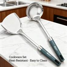 3pcs 304 Stainless Steel Green Kitchen Cooking Tools Set, Includes Spatula, Ladle, Suitable For Frying, Flipping - Multicolor - View 6