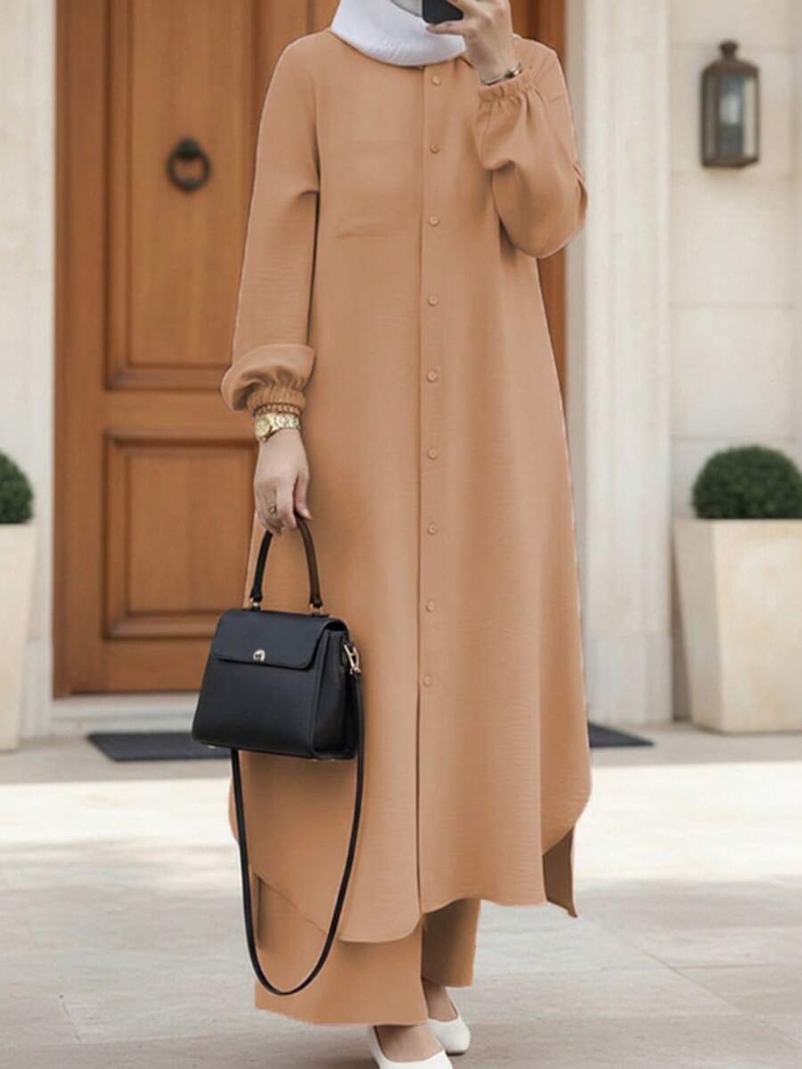 女款秋季優雅純色兩件套，鈕扣燈籠袖側開衩長外套與寬腿褲，可愛休閒四季穿搭