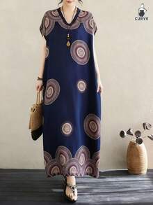 Plus Size Women's Spring & Autumn V-Neck Retro Bohemian Style Floral Print Elegant Short Sleeve Arabic Maxi Dress Fall - Blue - View 1