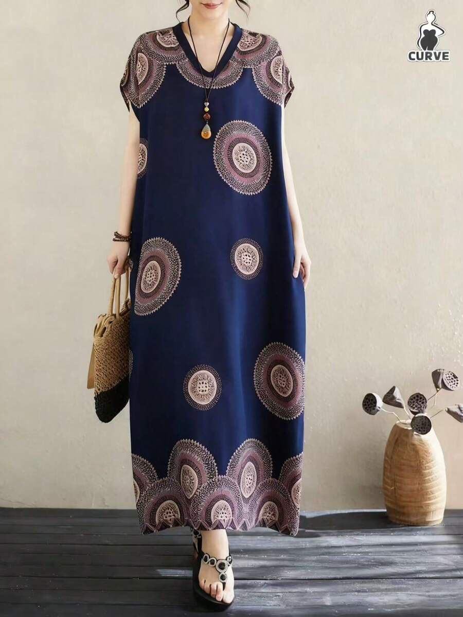 Plus Size Women's Spring & Autumn V-Neck Retro Bohemian Style Floral Print Elegant Short Sleeve Arabic Maxi Dress Fall - Blue - View 1