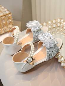 1 Pair Children's Sandals, Available In Small/Medium/Large, Rhinestone, Pearl, Bow Decor, PU Patchwork Round Toe, Flat, Suitable For Daily Wear, Dance, Outdoor, Festivals, Parties, Glitter Decorated Princess Sandals, Suitable For Spring/Summer/Autumn - Silver - View 5