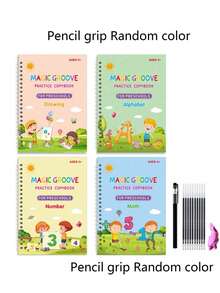 4 piezas Cuadernos reutilizables de práctica de escritura mágica para niños de 3 a 6 años - Set de aprendizaje preescolar que incluye letras, números, artes y matemáticas - Con bolígrafo ergonómico, agarre y 10 recargas - Multicolor - Ver 5