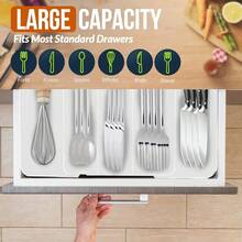HAWTSilverware Organizer Adjustable And Expandable Utensil Tray For Kitchen Cutlery Storage Spoons Forks Knives Holder Storage Dividers Multipurpose Silverware Drawer Organizer For Dining Table - White - trắng - Xem 4