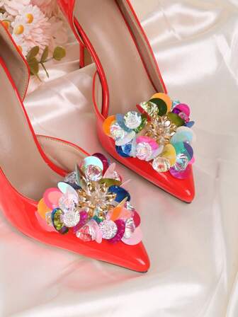 2pcs Detachable DIY Shoe Accessories, Faux Fish Scale Decor Colorful Magenta & Silver Triangle Shaped Fashion Elegant Luxurious High Heel Shoes Hole Decoration, Suitable For Women's High Heels, Sandals, Pumps For Workplace, Business, Date, Party, Holiday