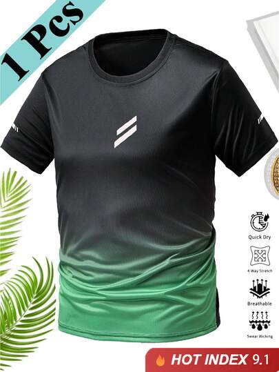 Men's Gradient Color Short Sleeve T-Shirt, Men's Fitness Wear, Quick-Dry Fabric, Suitable For Outdoor Sports, Training, Running, Casual Daily Wear, Also Suitable For Athletes, Husbands Or Boyfriends