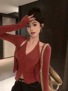 性感吊带开衫，修身叠穿上衣，秋冬款 - 紅色 - 查看 2