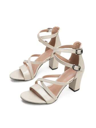 Women's Retro French Style Chunky Heel Open Toe Criss-Cross Strap Metal Buckle Sandals, Slimming & Versatile, 2025 Summer New Casual, Dating, Shopping, Criss-Cross Strap Metal Buckle, Comfortable Feet, Summer Daily Wear