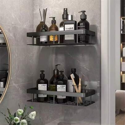 Conjunto de 2 Prateleiras de Banheiro em ABS, Cores Industrial Preto e Cinza + Design com Drenagem Perfurada, Organizador de Banheiro Luxuoso, Montagem na Parede sem Ocupar Espaço no Chão